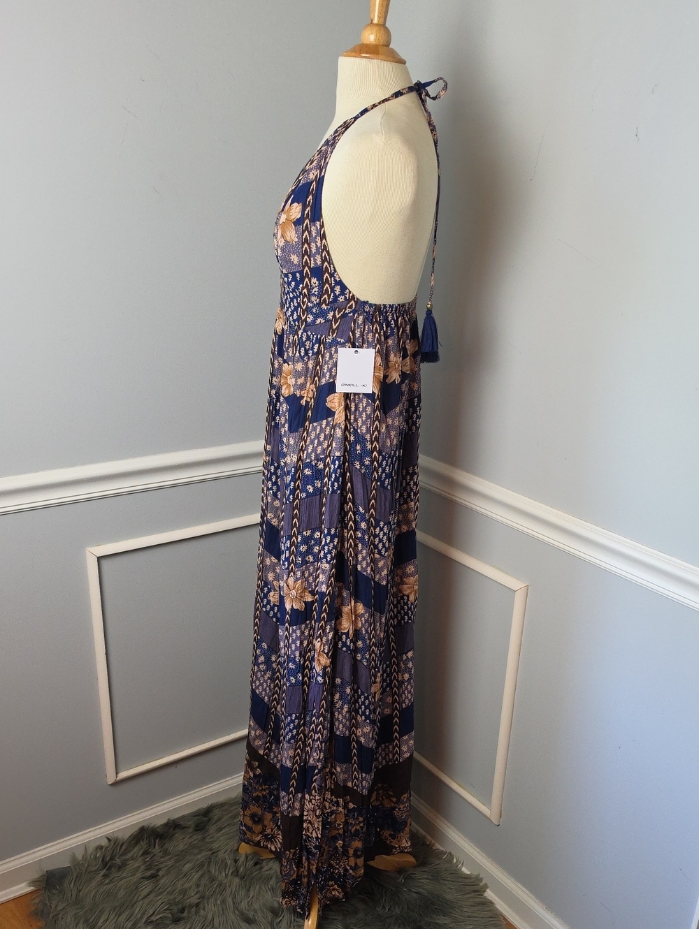 O'NEILL Blue Brown Floral Halter Open Back Side Slits Maxi Boho Summer Dress M - Picture 2 of 8